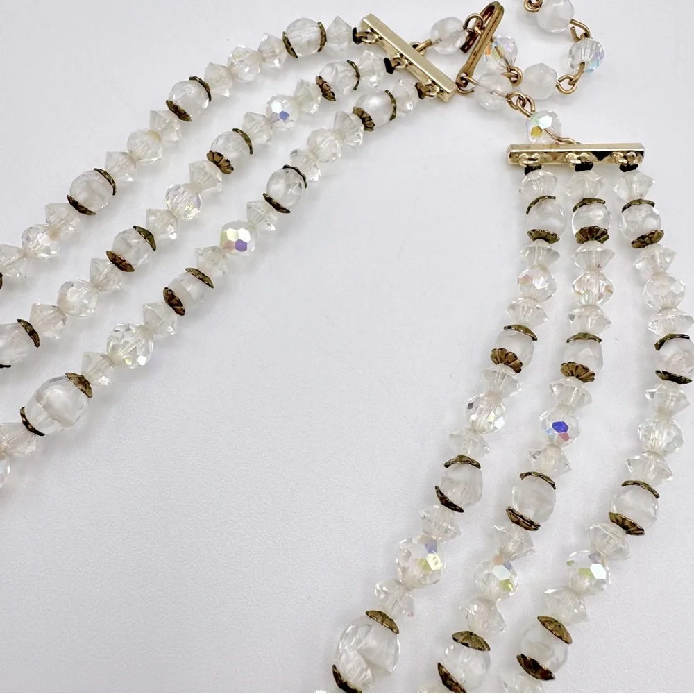 Vintage Givre Glass AB Crystal Bead Triple Strand Necklace Filigree Romantic - Picture 8 of 15